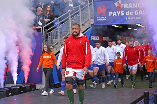 Taulupe Faletau leads out Wales 100th Cap v France Paris Six Nations 2023