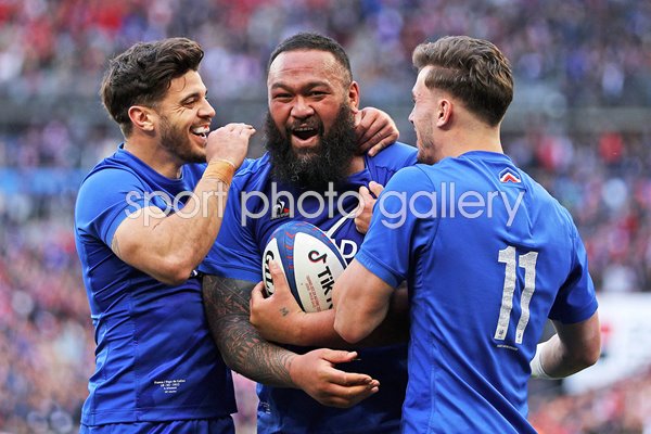 Uini Atonio France celebrates try v Wales Paris Six Nations 2023