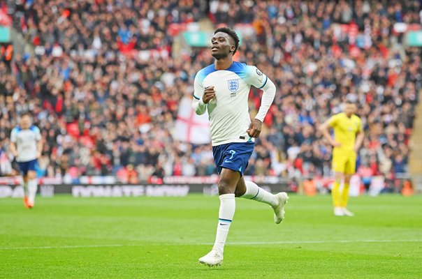 Bukayo Saka England celebrates v Ukraine EURO 2024 Qualifier Wembley 2023