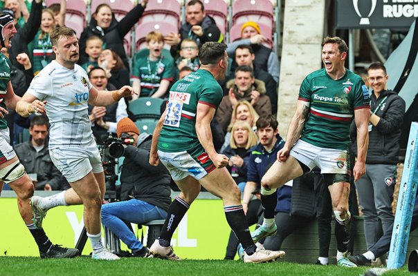 Chris Ashton Leicester Tigers celebrates 100th career try v Exeter Premiership 2023