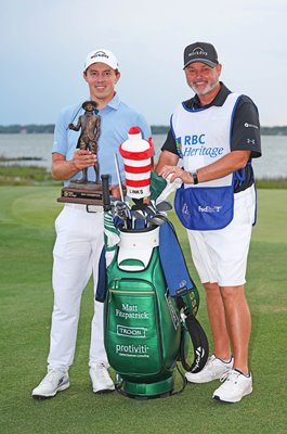 Matt Fitzpatrick England & caddie Billy Foster celebrate RBC Heritage 2023