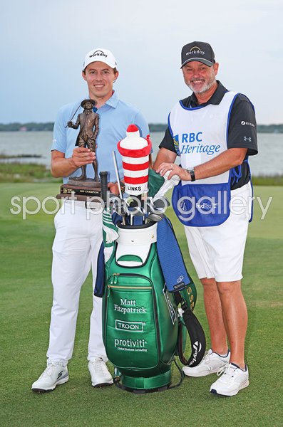Matt Fitzpatrick England & caddie Billy Foster celebrate RBC Heritage 2023