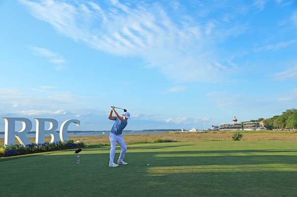 Matt Fitzpatrick England drives 18th tee RBC Heritage at Harbour Town 2023