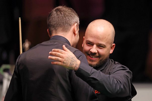 Mark Selby England celebrates 147 with Luca Brecel World Snooker Final 2023 