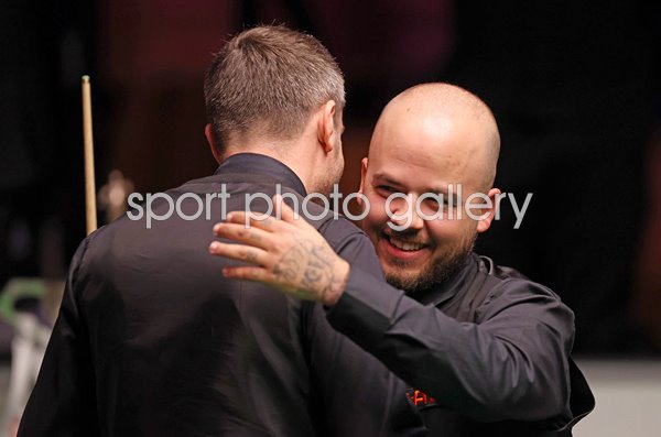 Mark Selby England celebrates 147 with Luca Brecel World Snooker Final 2023
