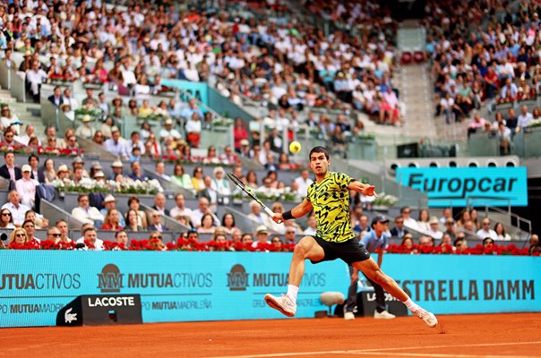 Carlos Alcaraz Spain plays a forehand Madrid Open Final 2023