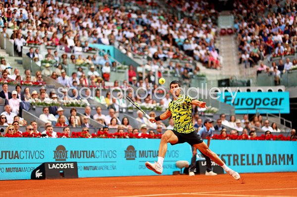 Carlos Alcaraz Spain plays a forehand Madrid Open Final 2023