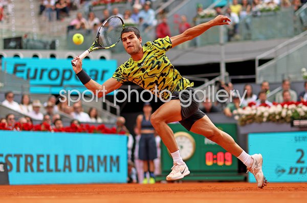 Carlos Alcaraz Spain running forehand Madrid Open 2023