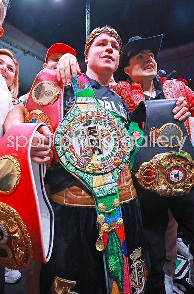 Canelo Alvarez celebrates Super Middleweight Championship Belts 2023