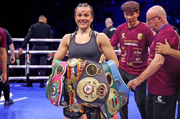 Chantelle Cameron celebrates with Belts after win v Katie Taylor Dublin 2023