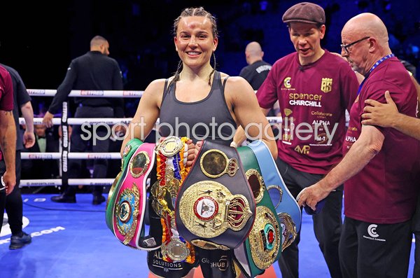 Chantelle Cameron celebrates with Belts after win v Katie Taylor Dublin 2023