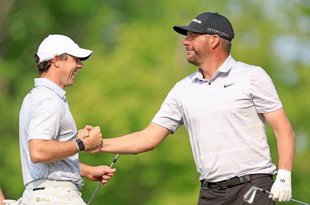 Rory McIlroy congratulates Michael Block USA on hole in one USPGA 2023