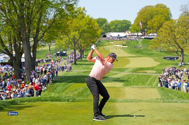 Bryson DeChambeau USA drives 13th hole Oak Hill Country Club USPGA 2023