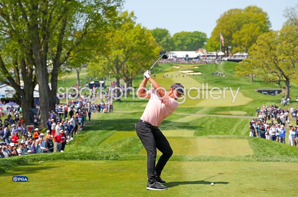 Bryson DeChambeau USA drives 13th hole Oak Hill Country Club USPGA 2023