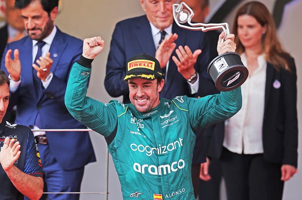 Fernando Alonso Spain & Aston Martin celebrates 2nd place Monaco 2023
