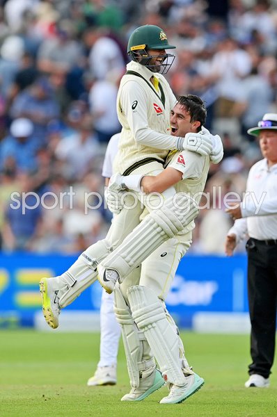 Pat Cummins & Nathan Lyon Australia celebrate Edgbaston Ashes 2023
