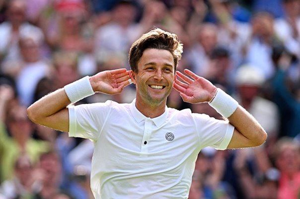 Liam Broady Great Britain celebrates win v Casper Ruud Wimbledon 2023