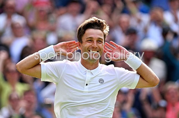 Liam Broady Great Britain celebrates win v Casper Ruud Wimbledon 2023