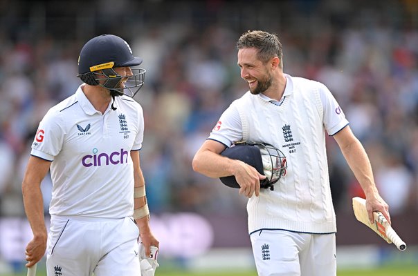 Mark Wood & Chris Woakes England celebrate win v Australia Headingley Ashes 2023