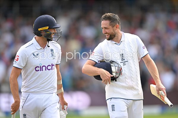 Mark Wood & Chris Woakes England celebrate win v Australia Headingley Ashes 2023