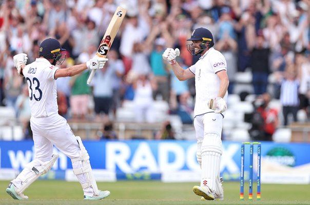 Chris Woakes & Mark Wood England celebrate epic win Headingley Ashes 2023