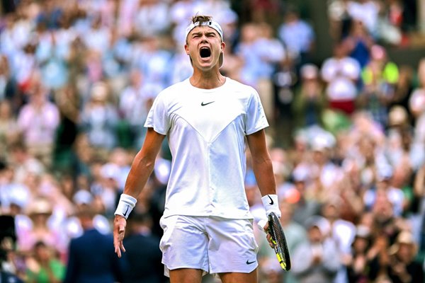 Holger Rune Denmark celebrates win v Grigor Dimitrov Wimbledon 2023