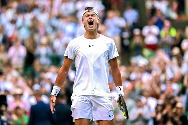 Holger Rune Denmark celebrates win v Grigor Dimitrov Wimbledon 2023