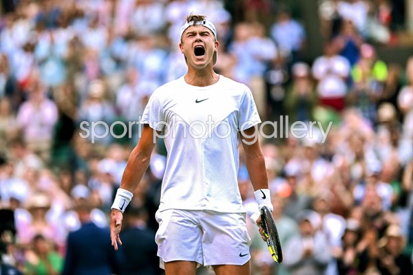 Holger Rune Denmark celebrates win v Grigor Dimitrov Wimbledon 2023