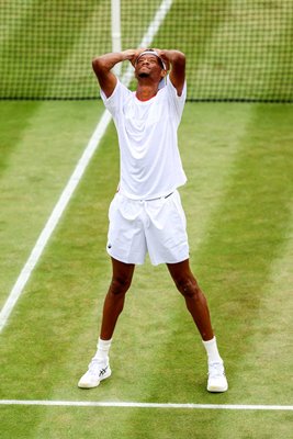 Christopher Eubanks USA celebrates win v Stefanos Tsitsipas Wimbledon 2023