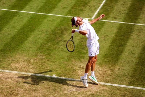 Stefanos Tsitsipas Greece serves v Christopher Eubanks Wimbledon 2023