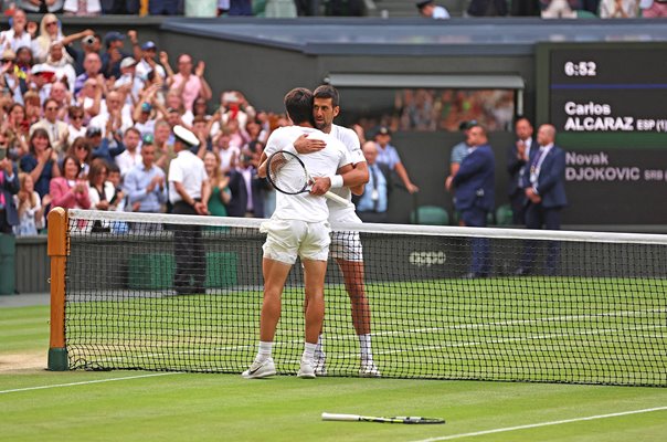Novak Djokovic embraces Carlos Alcaraz after Wimbledon Final 2023