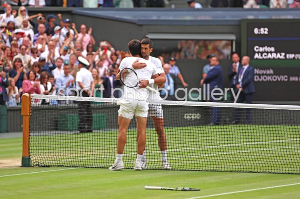 Novak Djokovic embraces Carlos Alcaraz after Wimbledon Final 2023