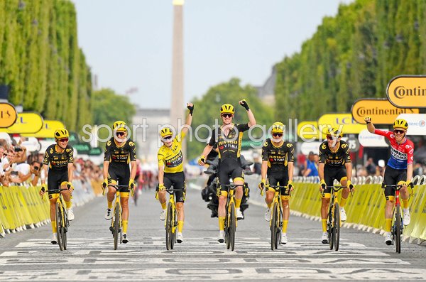 Jonas Vingegaard Denmark & Jumbo Visma Team celebrate Tour win Paris 2023