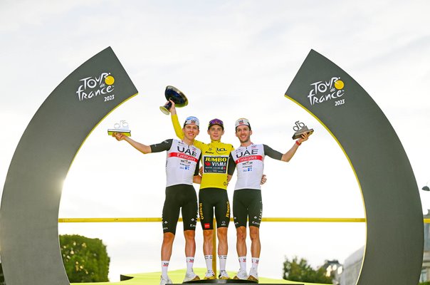 Tadej Pogacar, Jonas Vingegaard & Adam Yates Paris Podium Tour 2023