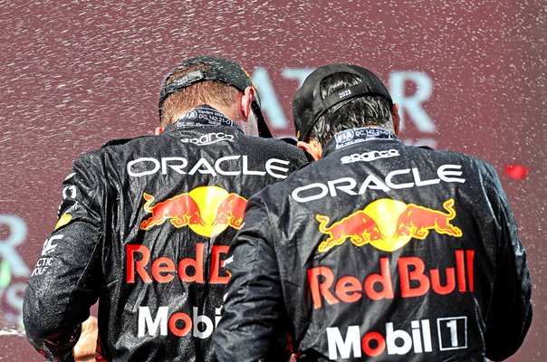 Max Verstappen & Sergio Perez Red Bull Podium Celebration Hungary 2023