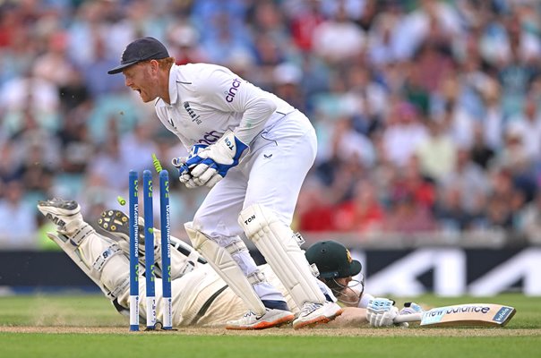 Jonny Bairstow England run out attempt v Steve Smith Australia Ashes Test Oval 2023