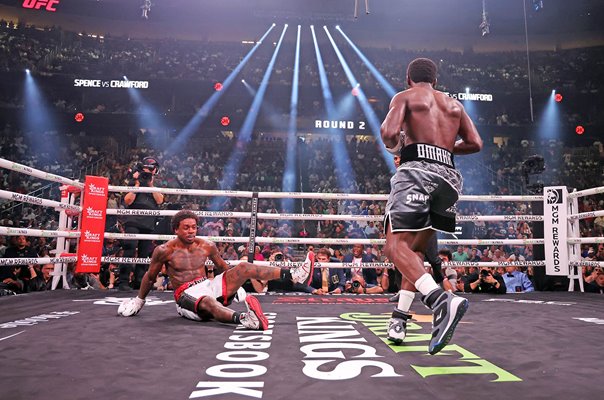 Terence Crawford knocks down Errol Spence Jr World Welterweight Fight Las Vegas 2023