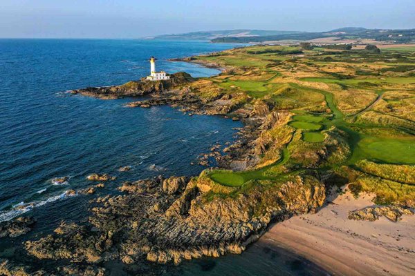 Aerial view 9th hole & lighhouse Ailsa Course Turnberry Resort 2021