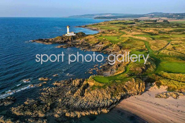 Aerial view 9th hole & lighhouse Ailsa Course Turnberry Resort 2021