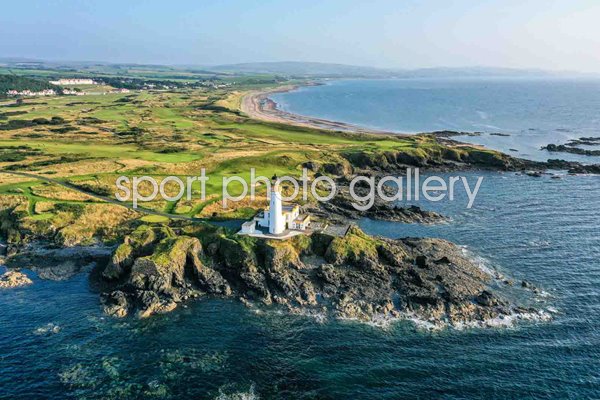 Aerial view 9th hole and lighthouse Ailsa Course Turnberry 2021