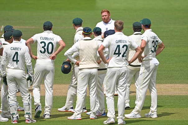 Jonny Bairstow speaks to the Australian fielders after controversial dismissal Ashes Lord's 2023