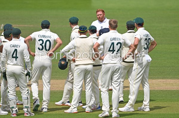 Jonny Bairstow speaks to the Australian fielders after controversial dismissal Ashes Lord's 2023