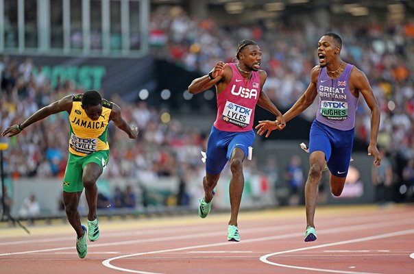 Zharnel Hughes Great Britain celebrates Bronze 100m Final World Athletics Budapest 2023