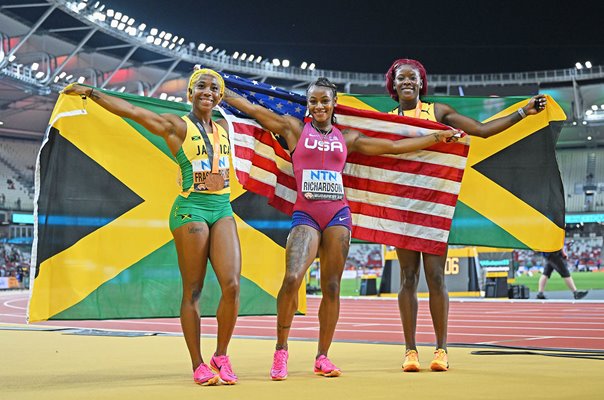 Women's 100m medalists Shelly-Ann Fraser-Pryce, Sha'Carri Richardson & Shericka Jackson 2023