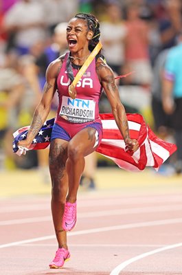 Sha'Carri Richardson USA celebrates winning 100m World Athletics Budapest 2023
