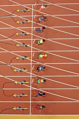 Runners start overhead view Women's 100m Final World Athletics Budapest 2023