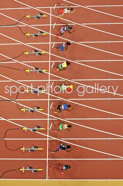 Runners start overhead view Women's 100m Final World Athletics Budapest 2023