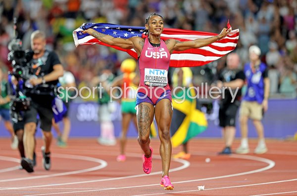 Sha'Carri Richardson USA celebrates Gold World Athletics Championships Budapest 2023