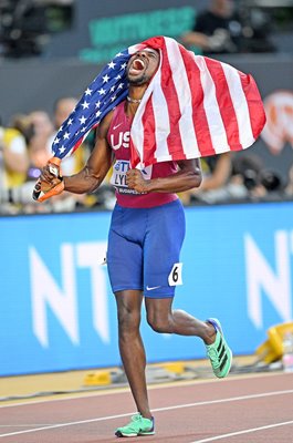 Noah Lyles USA celebrates 100m Final win World Athletics Budapest 2023