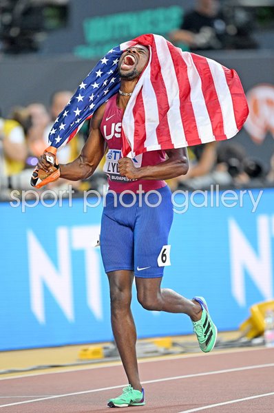 Noah Lyles USA celebrates 100m Final win World Athletics Budapest 2023